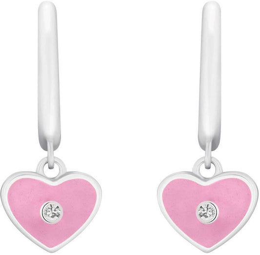 Colgantes de corazón con esmalte rosa, borde plateado y piedra brillante