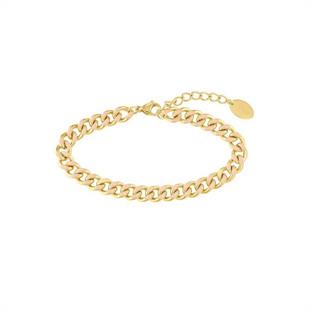 Pulsera tipo armys de eslabones en tono dorado con charm de cierre redondo