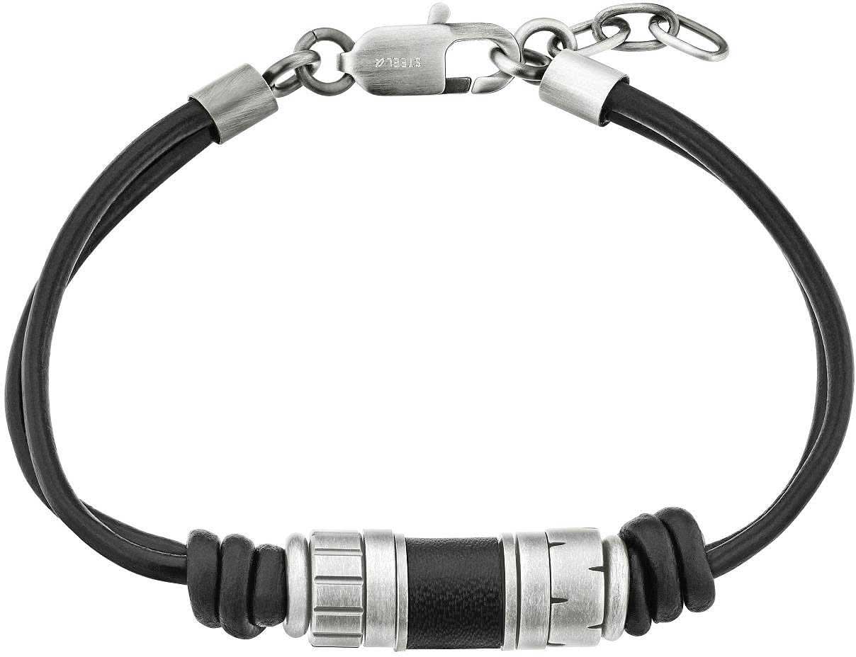 Pulsera de cuero con discos de cuentas negras y elementos metálicos, cierre con cadena