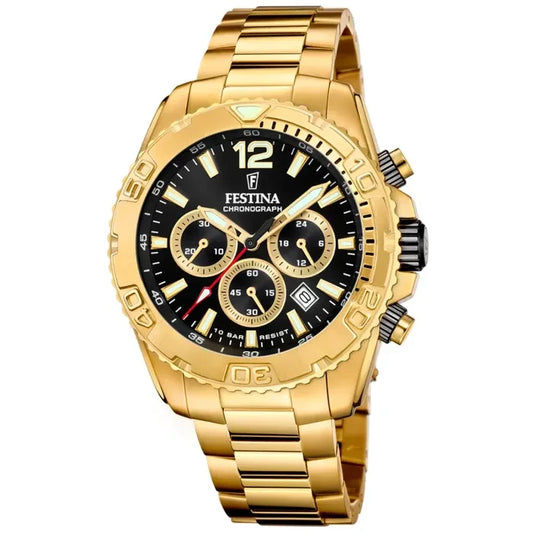 Herren-Chronographenarmbanduhr in Gold mit schwarzem Zifferblatt und Mineralglas, Metallband.