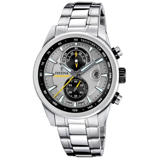 Herren-Chronographenarmbanduhr mit Edelstahlarmband, schwarzem Zifferblatt und Mineralglas