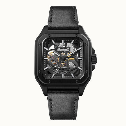 Schwarze Herrenarmbanduhr mit schwarzem Lederarmband, skelettiertes Zifferblatt, Automatikwerk