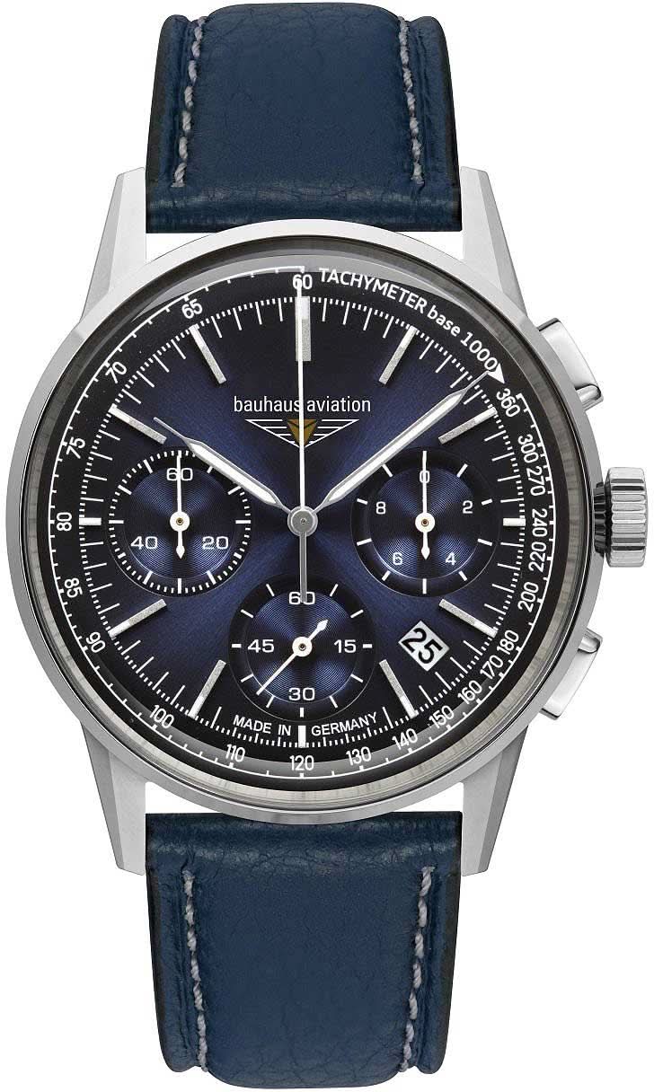 Pulsera de hombre con esfera azul, cronógrafo y correa de piel azul marino