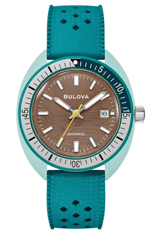 Zegarek męski Bulova z brązową tarczą i niebiesko-zielonym paskiem
