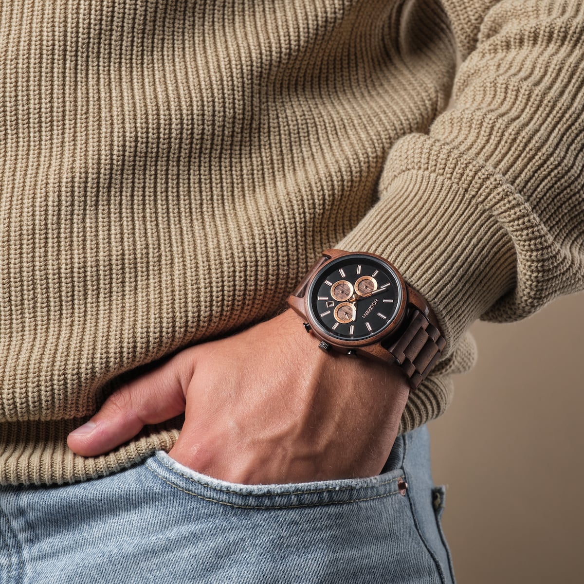 Holzkern Askja Herrenuhr • Naturholz & Marmor • Dual Time Quarzwerk, Bild 10