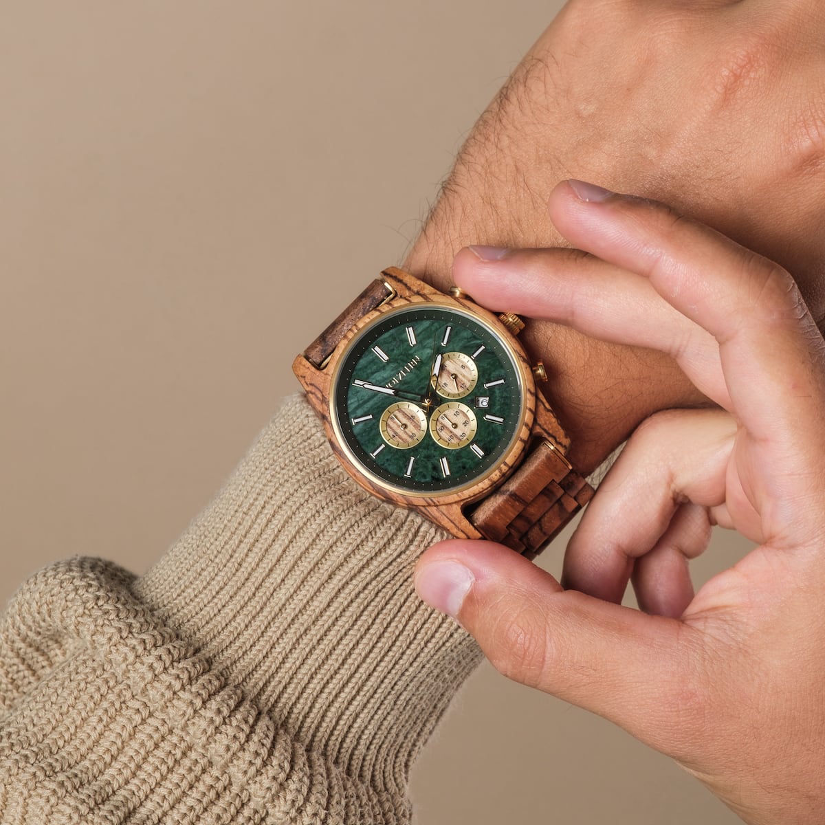 Holzkern Askja Herrenuhr • Naturholz & Marmor • Dual Time Quarzwerk, Bild 8