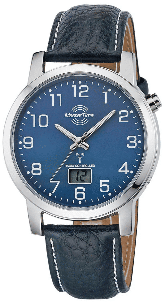 Master Time Herrenuhr mit dunkelblauem Zifferblatt, Lederband und silbernem Gehäuse, funkgesteuert