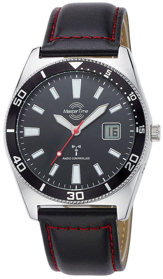 Master Time Herrenuhr mit schwarzem Lederarmband, silbernem Gehäuse, schwarzem Zifferblatt und Datum