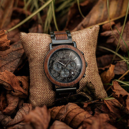 Holzkern Askja Herrenuhr Chronograph Walnuss/Marmor • Seiko VD53 Quarzwerk • Echtmarmor-Zifferblatt, Bild 4
