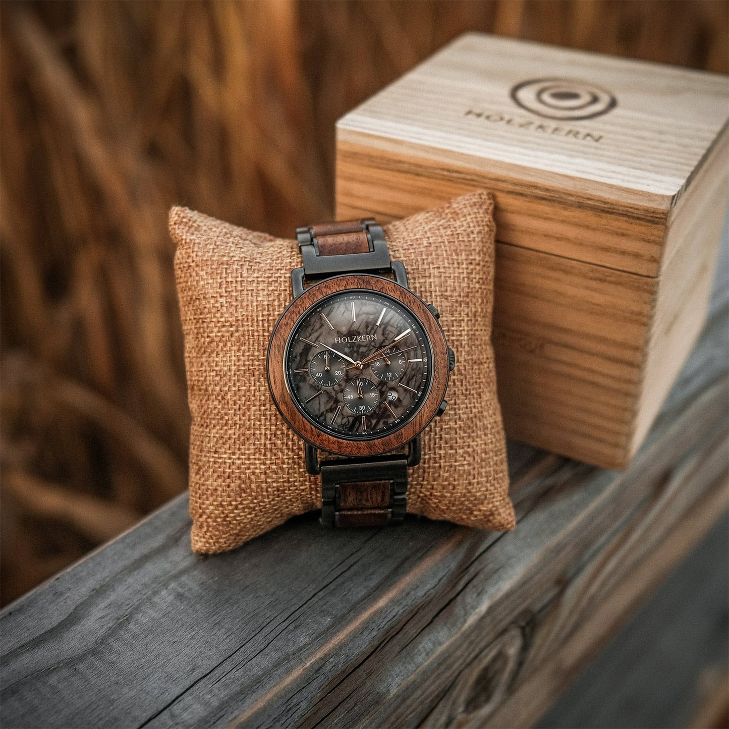 Holzkern Askja Herrenuhr Chronograph Walnuss/Marmor • Seiko VD53 Quarzwerk • Echtmarmor-Zifferblatt, Bild 5