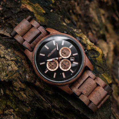 Holzkern Buschwerk HK1073 Herren Armbanduhr Braun • Chronographenwerk • Echtmarmor-Zifferblatt, Bild 2