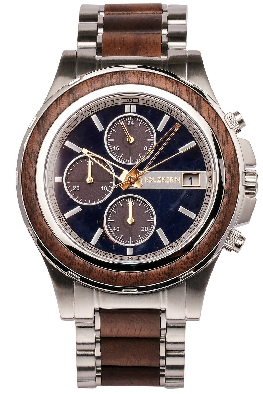 Holzkern Koh Mak 9010631007140 Herren-Chronograph Solar Blau • Solarwerk Epson VR43 • Walnussholz & echter Marmor