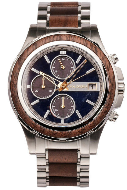 Holzkern Koh Mak 9010631007140 Herren-Chronograph Solar Blau • Solarwerk Epson VR43 • Walnussholz & echter Marmor