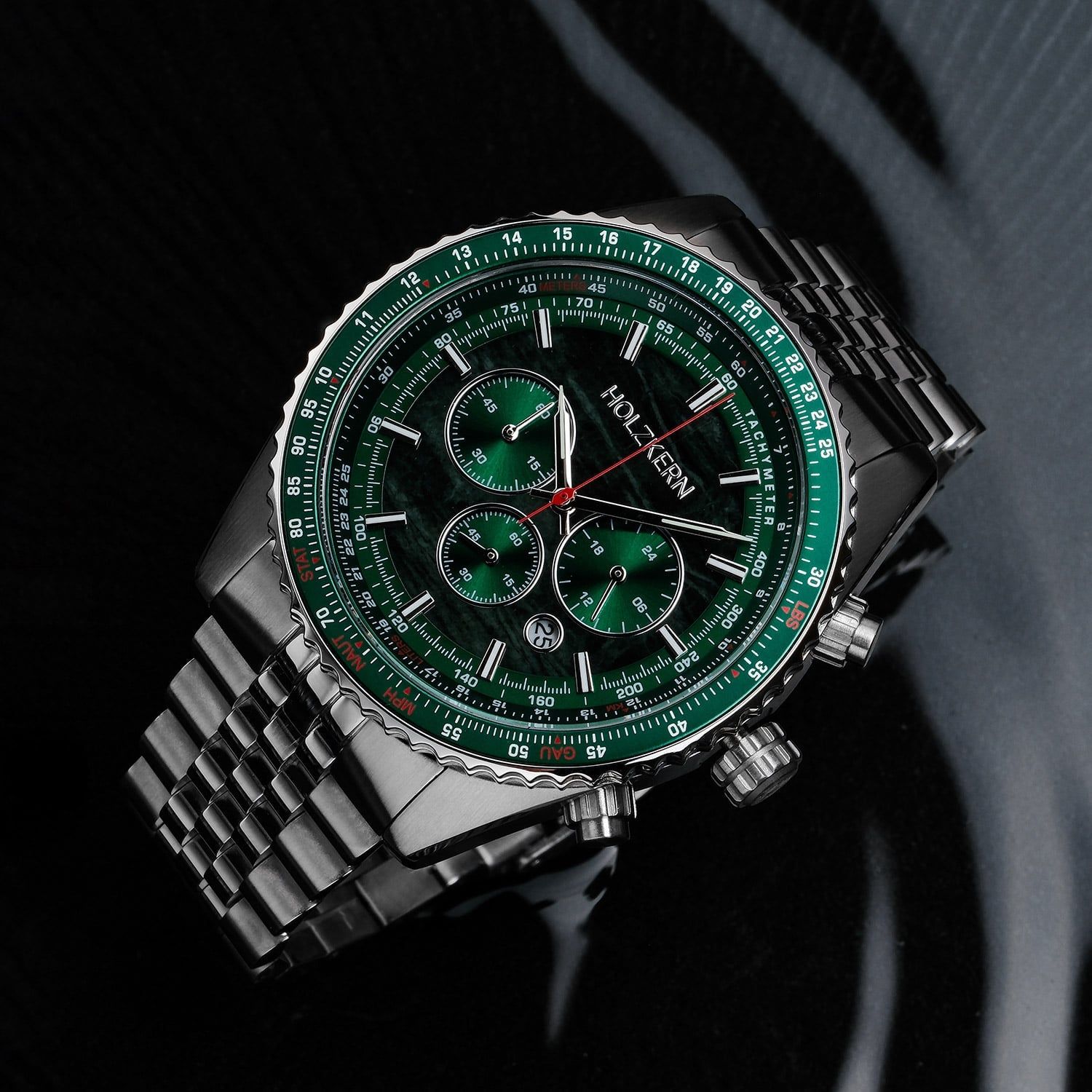 Holzkern Openhorizon 9010631018290 Herren Chronograph Grün/Silberfarben • Echter Marmor-Zifferblatt • Tachymeter-Lünette