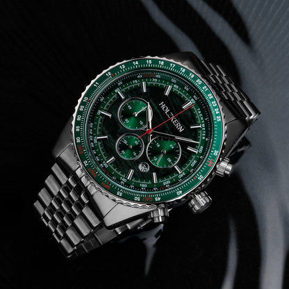 Holzkern Openhorizon 9010631018290 Herren Chronograph Grün/Silberfarben • Echter Marmor-Zifferblatt • Tachymeter-Lünette