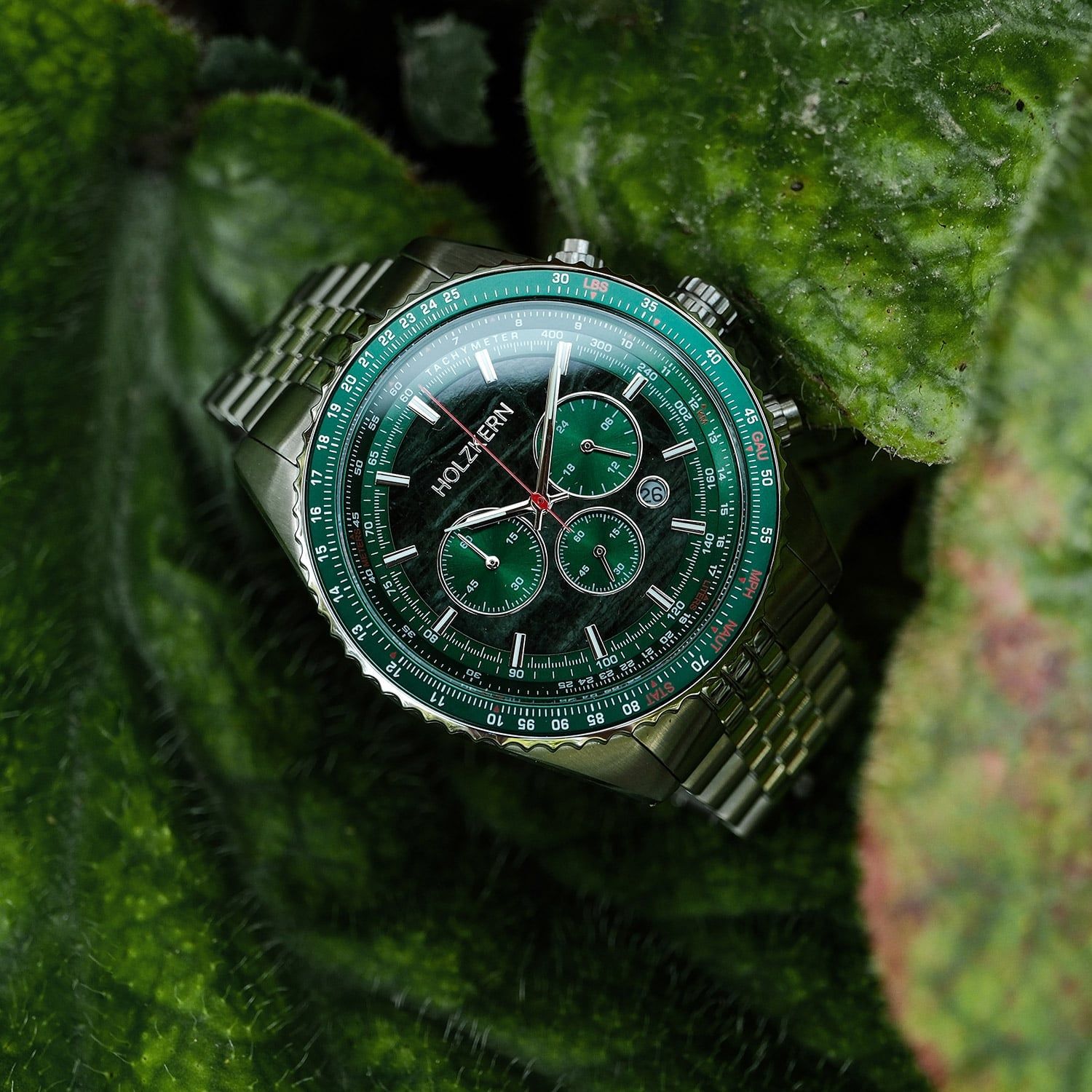 Holzkern Openhorizon 9010631018290 Herren Chronograph Grün/Silberfarben • Echter Marmor-Zifferblatt • Tachymeter-Lünette