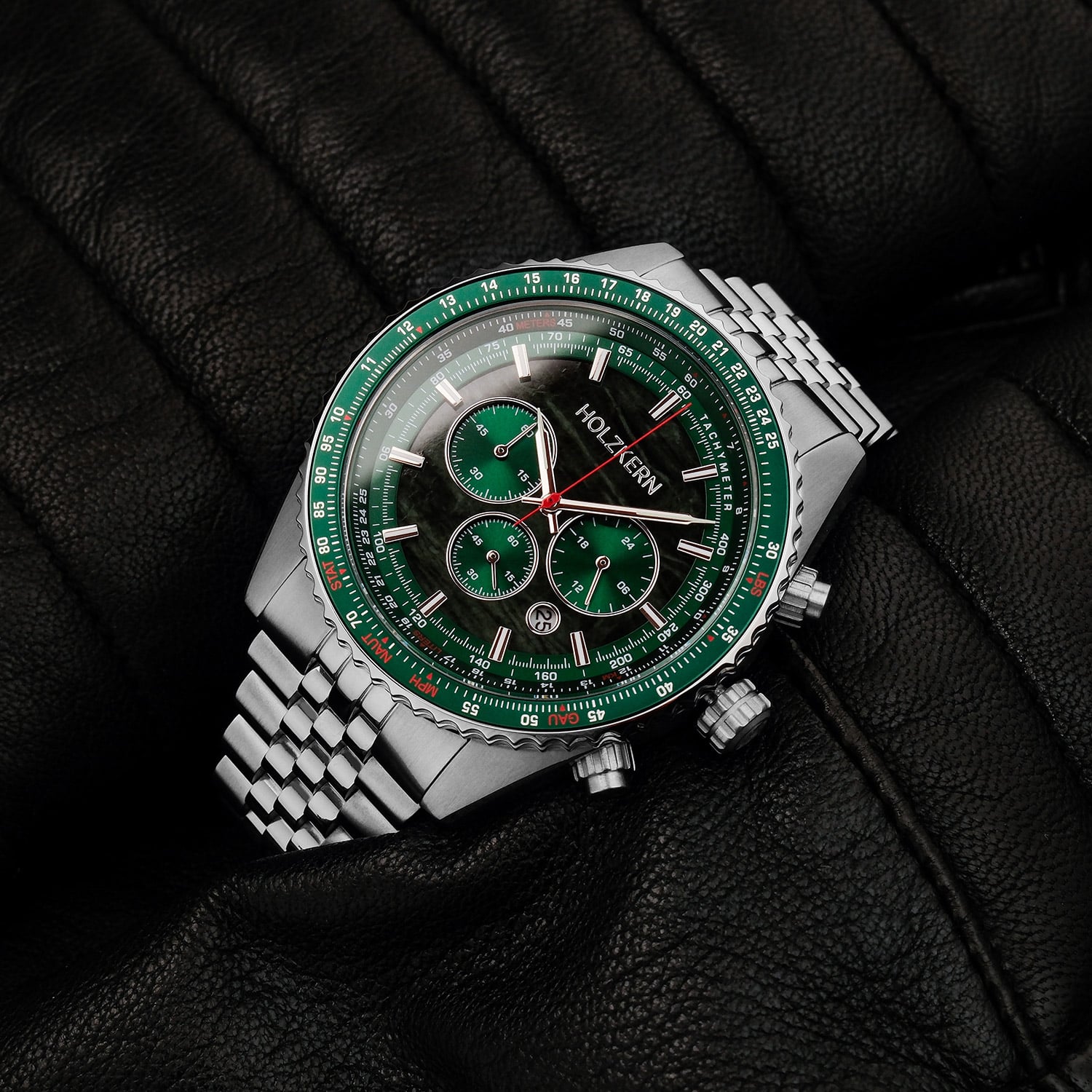 Holzkern Openhorizon 9010631018290 Herren Chronograph Grün/Silberfarben • Echter Marmor-Zifferblatt • Tachymeter-Lünette
