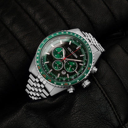 Holzkern Openhorizon 9010631018290 Herren Chronograph Grün/Silberfarben • Echter Marmor-Zifferblatt • Tachymeter-Lünette
