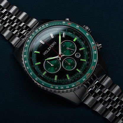 Holzkern Openhorizon 9010631018290 Herren Chronograph Grün/Silberfarben • Echter Marmor-Zifferblatt • Tachymeter-Lünette