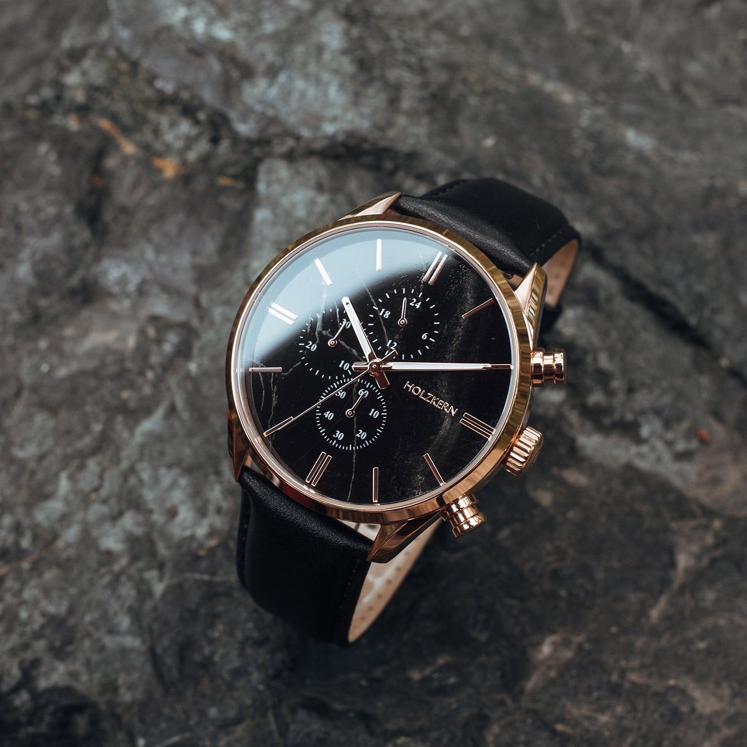 Holzkern Relational Herren Chronograph • Echter Schwarzer Marmor • Mineralglas, Bild 2