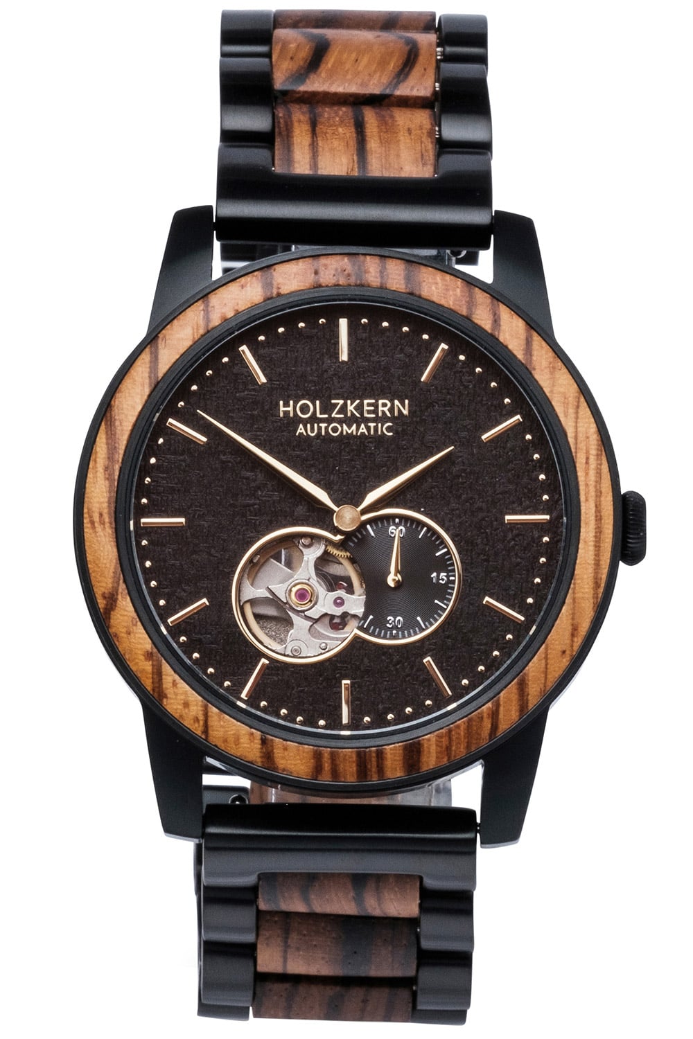 Holzkern San Francisco Herren Automatikuhr Schwarz • Zebranoholz & Ahornholz • Miyota Automatikwerk