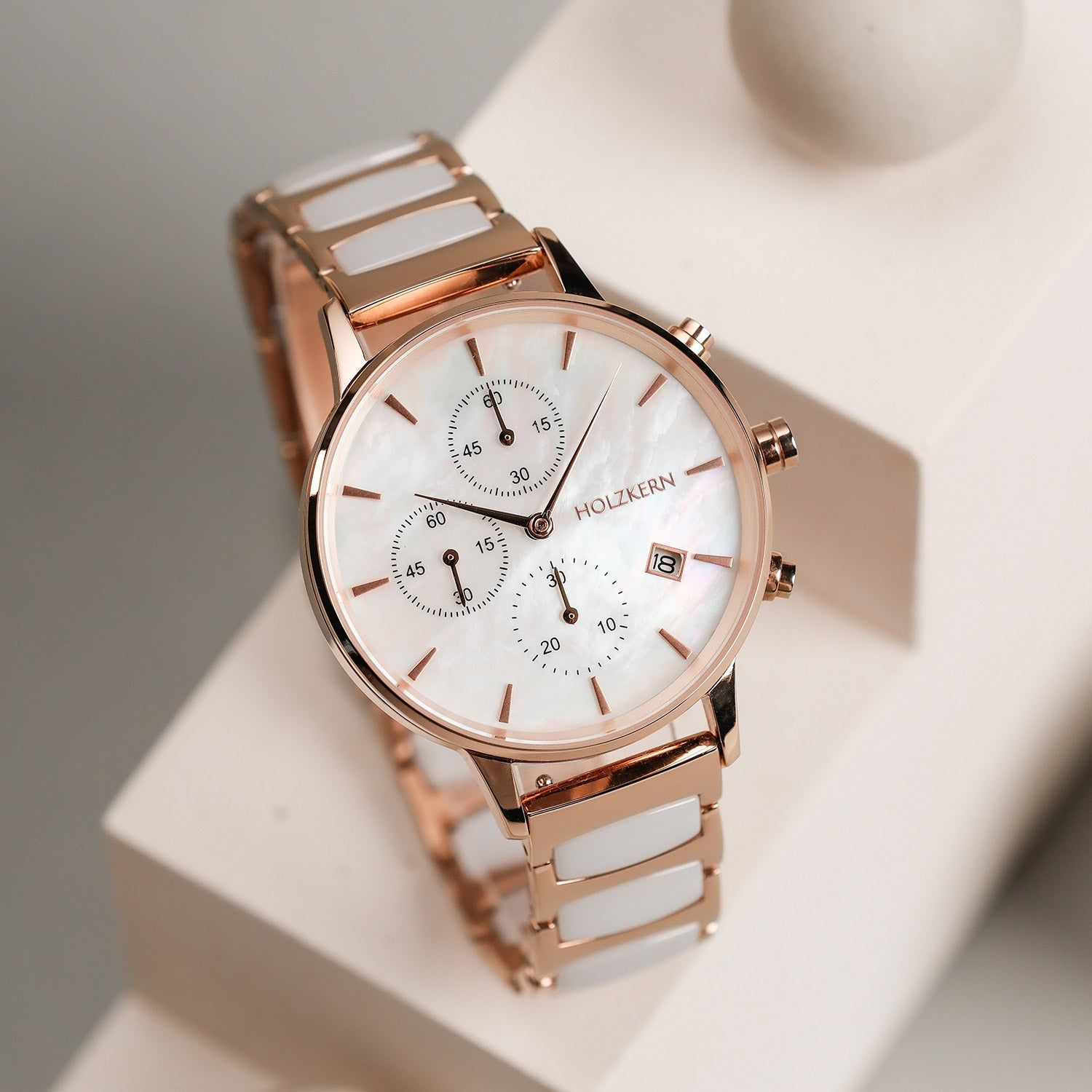 Holzkern Shiny Damenuhr Roségold • Chronograph • Japanisches Quarzwerk, Bild 2