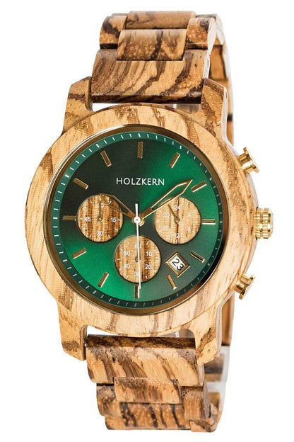 Holzkern Blätterdach Herrenuhr Chronograph Zebrano/Marmor • Japanisches Quarzwerk • Mineralglas