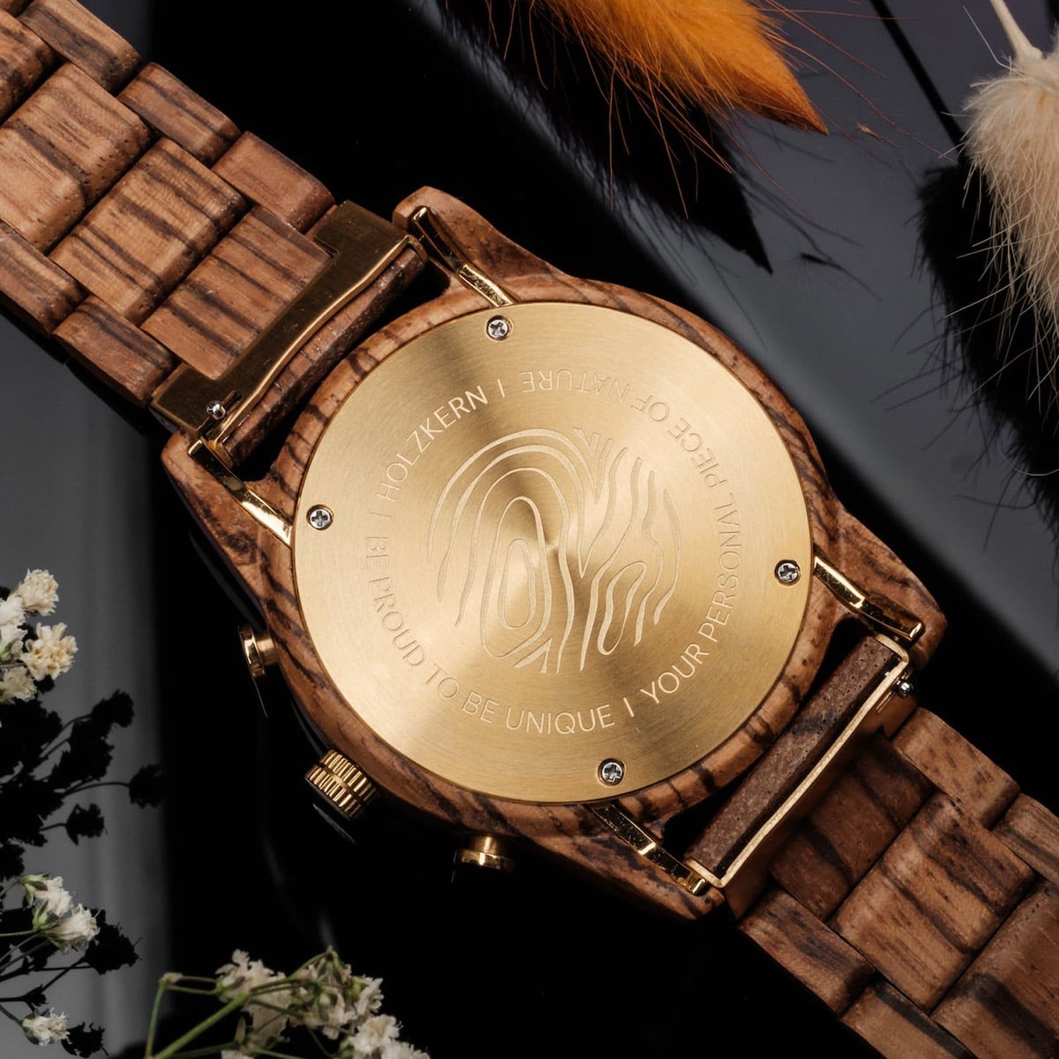 Holzkern Blätterdach Herrenuhr Chronograph Zebrano/Marmor • Japanisches Quarzwerk • Mineralglas, Bild 4