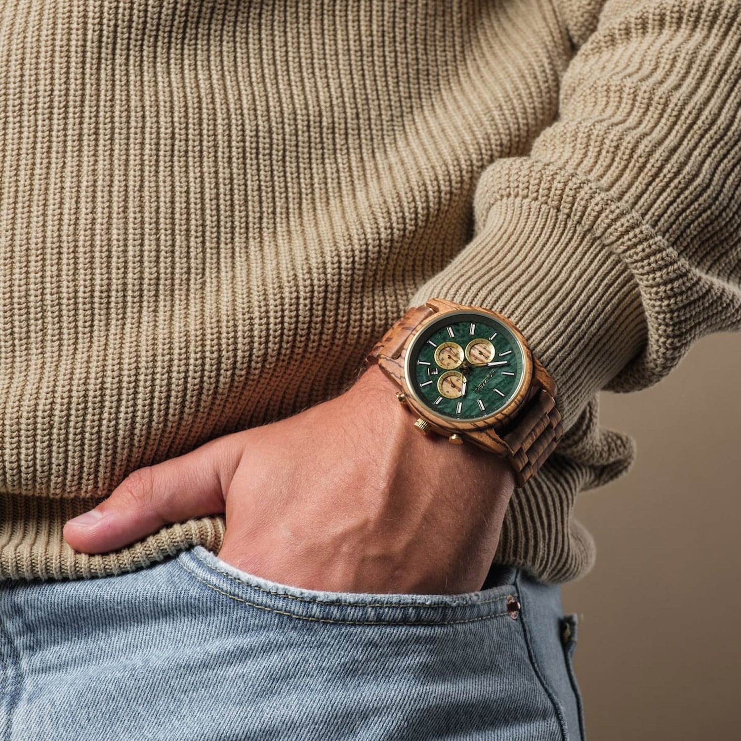 Holzkern Blätterdach Herrenuhr Chronograph Zebrano/Marmor • Japanisches Quarzwerk • Mineralglas, Bild 5