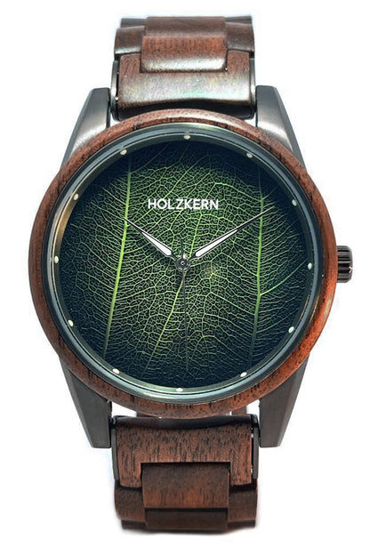 Holzkern Edisto Armbanduhr Braun • Japanisches Quarzwerk • Echtes Blatt-Zifferblatt