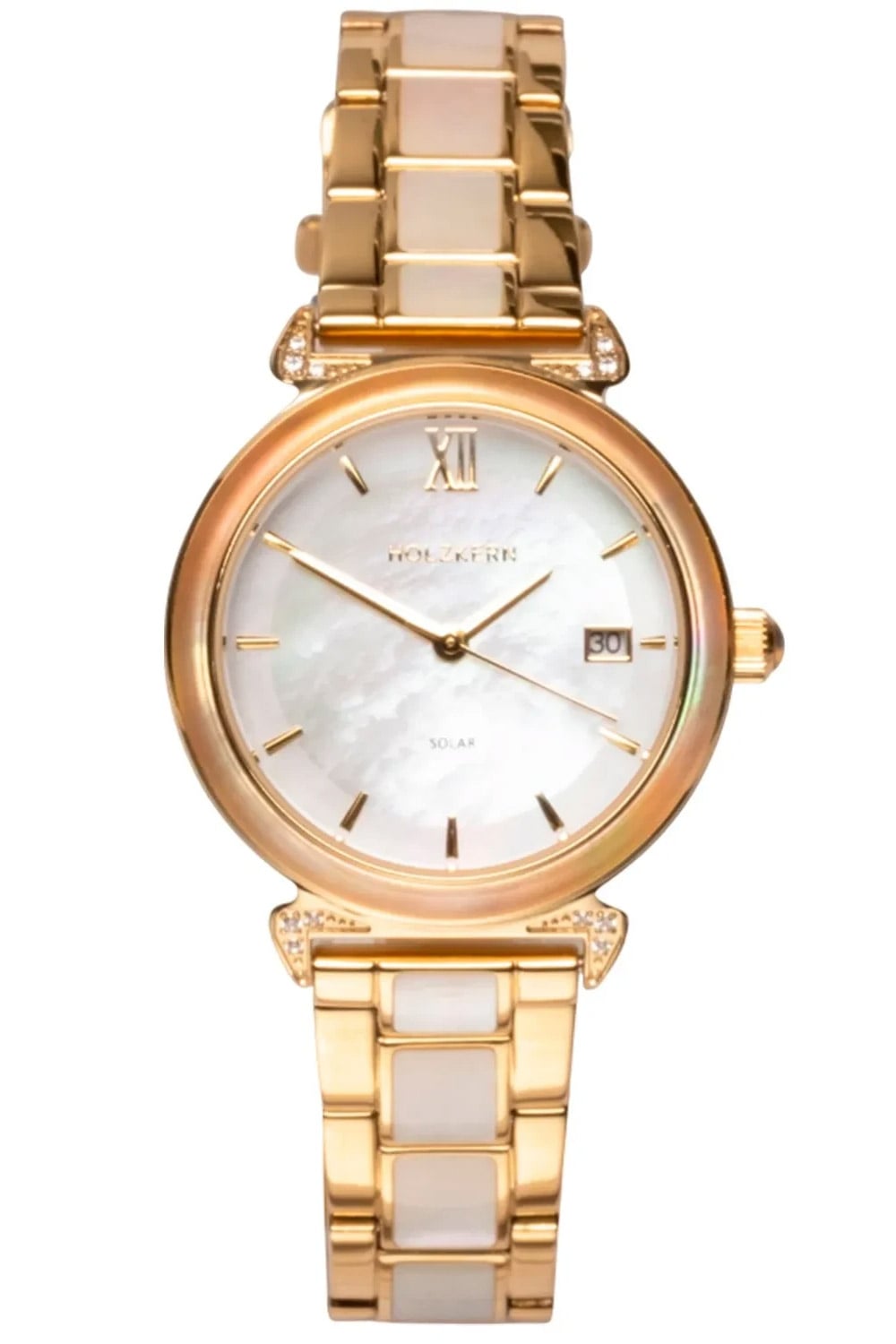 Holzkern Sunglister Damen Armbanduhr Weiß • Perlmutt-Zifferblatt • Goldfarben