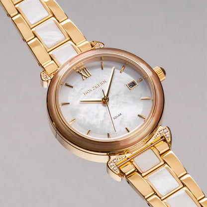 Holzkern Sunglister Damen Armbanduhr Weiß • Perlmutt-Zifferblatt • Goldfarben, Bild 2