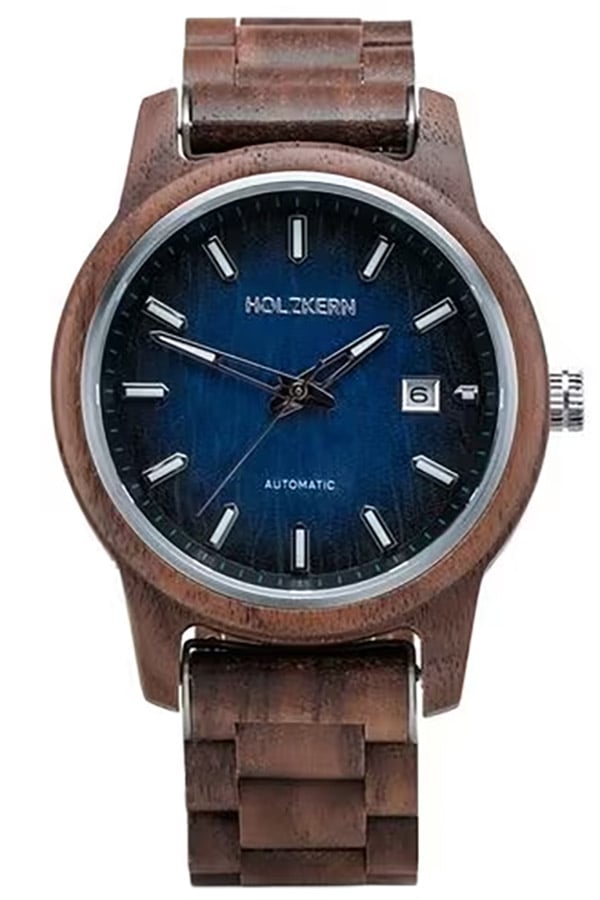 Holzkern Nightbird Herrenuhr Walnuss/Blau • Automatikwerk • Saphirglas