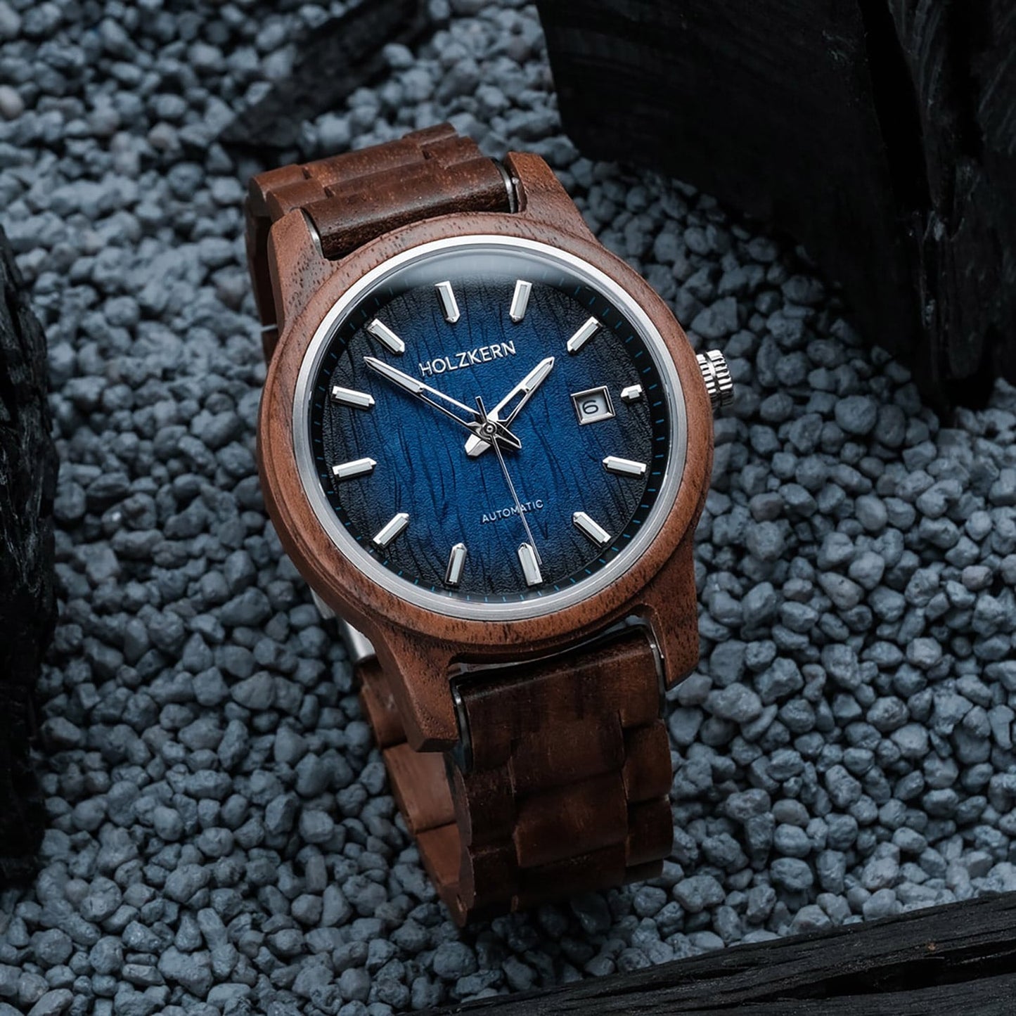 Holzkern Nightbird Herrenuhr Walnuss/Blau • Automatikwerk • Saphirglas, Bild 4