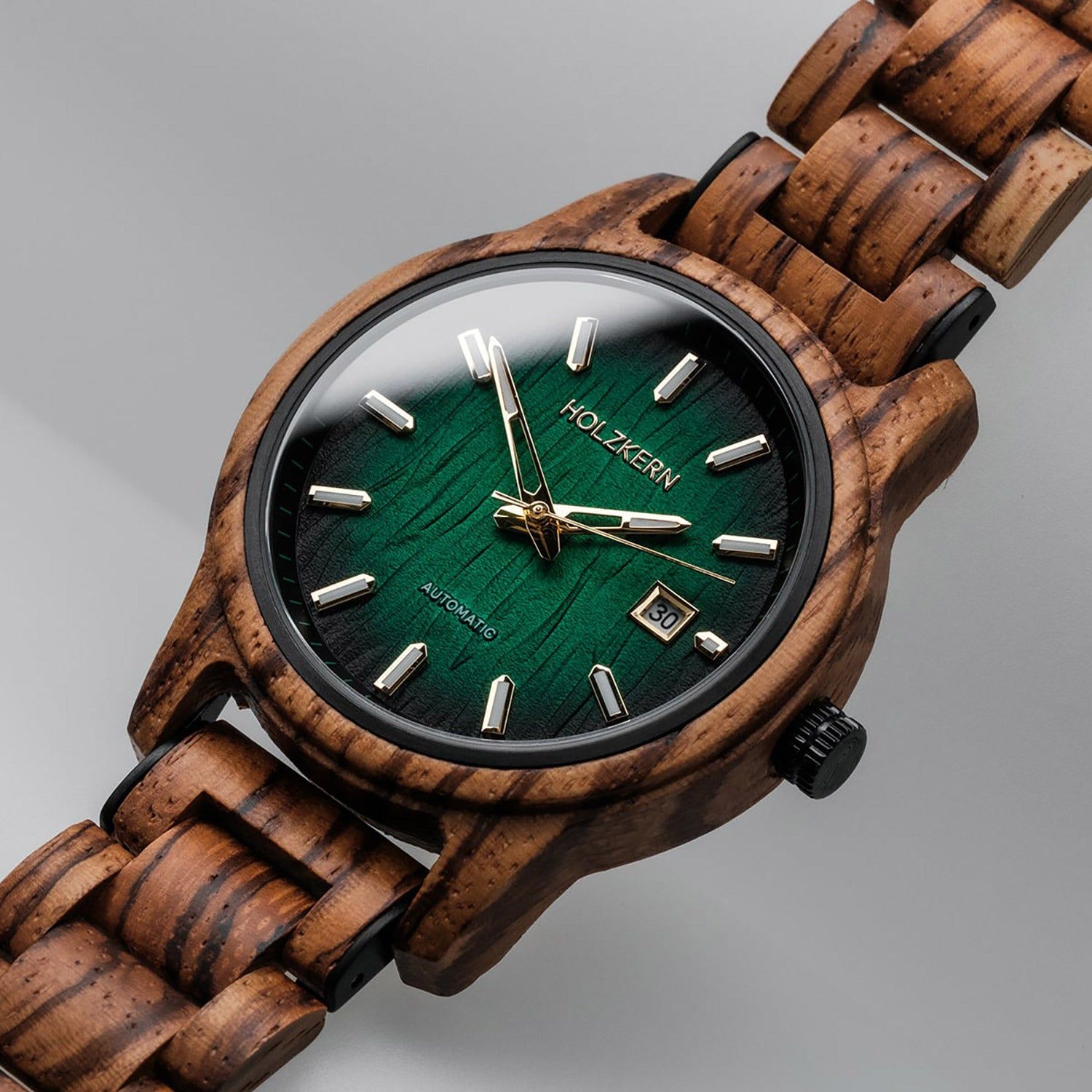 Holzkern Nightbird Herren Armbanduhr Grün • Automatikwerk • Naturholz Zebrano, Bild 2