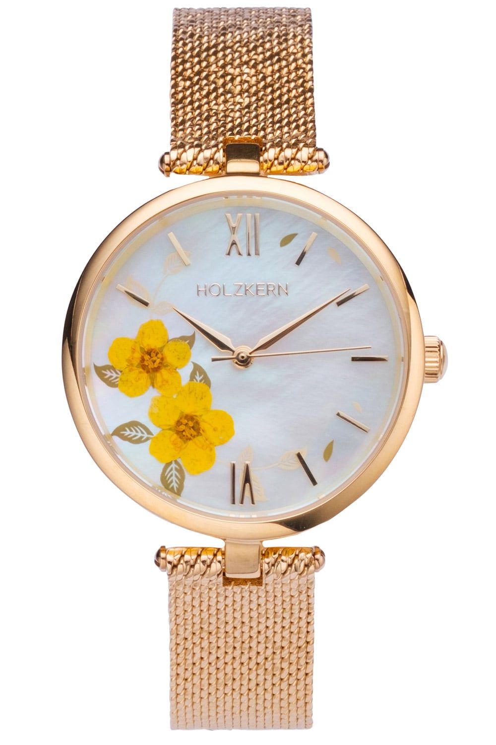 Holzkern Everbloom Pflaumenblüte Damenuhr Goldfarben • Echtgold-vergoldeter Edelstahl • Miyota Quarzwerk