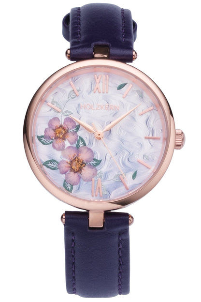 Holzkern Everbloom Damenuhr Violett/Roségoldfarben • Japanisches Quarzwerk • Florales Zifferblatt