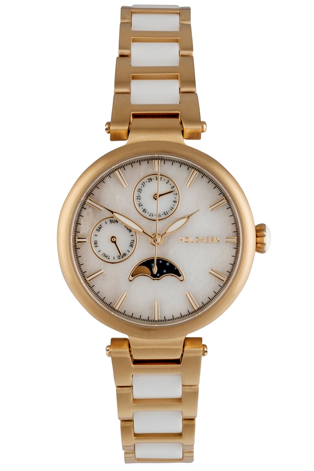 Holzkern Moonbow Damen Armbanduhr • Mondphasenanzeige • Marmor & Keramik