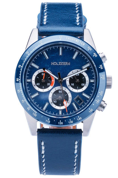 Holzkern Neverrest Herrenuhr Marmor/Blau • Titan-Gehäuse • Tachymeter-Lünette