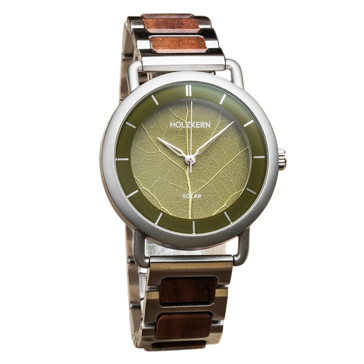 Holzkern Lauri Herren Armbanduhr Blattgrün • Holz-Edelstahl-Armband • Solarquarz