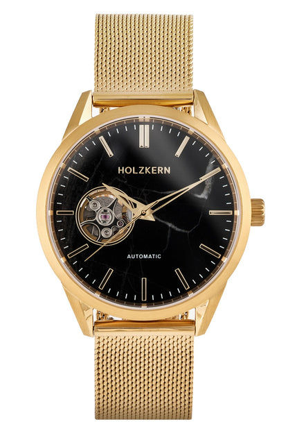 Holzkern Inverno Unisex-Armbanduhr Marmor/Goldfarben • Automatikwerk • Schwarzer Marmor