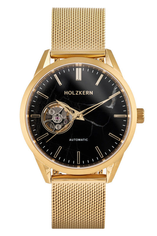 Holzkern Inverno Unisex-Armbanduhr Marmor/Goldfarben • Automatikwerk • Schwarzer Marmor
