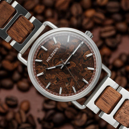 Holzkern Espressino Unisex-Armbanduhr Braun • Echtes Walnussholz • Kaffeebohnen-Zifferblatt, Bild 3