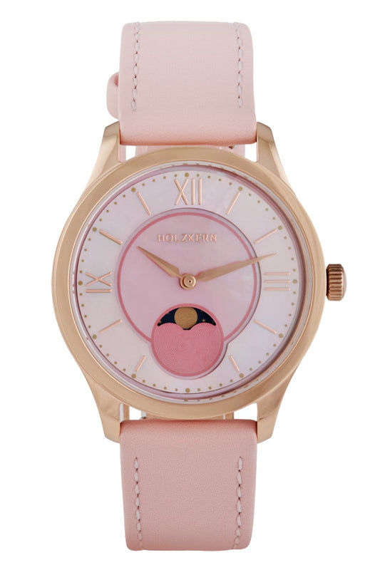Holzkern Damenarmbanduhr: rosa Lederband, rosafarbenes Zifferblatt mit Mondmotiv