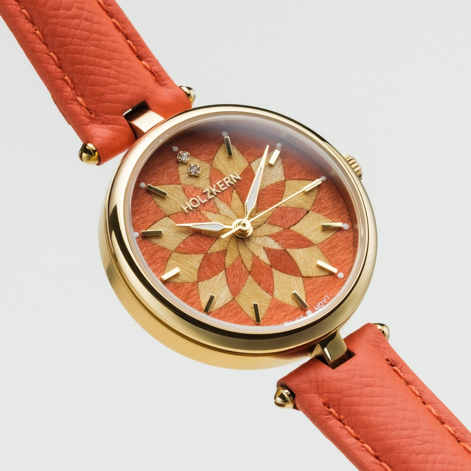 Holzkern Mirrormaze Damen Armbanduhr Goldfarben • Saphirglas • Holzmarketerie Tulpenbaum, Bild 2
