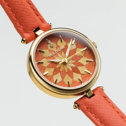 Holzkern Mirrormaze Damen Armbanduhr Goldfarben • Saphirglas • Holzmarketerie Tulpenbaum, Bild 2