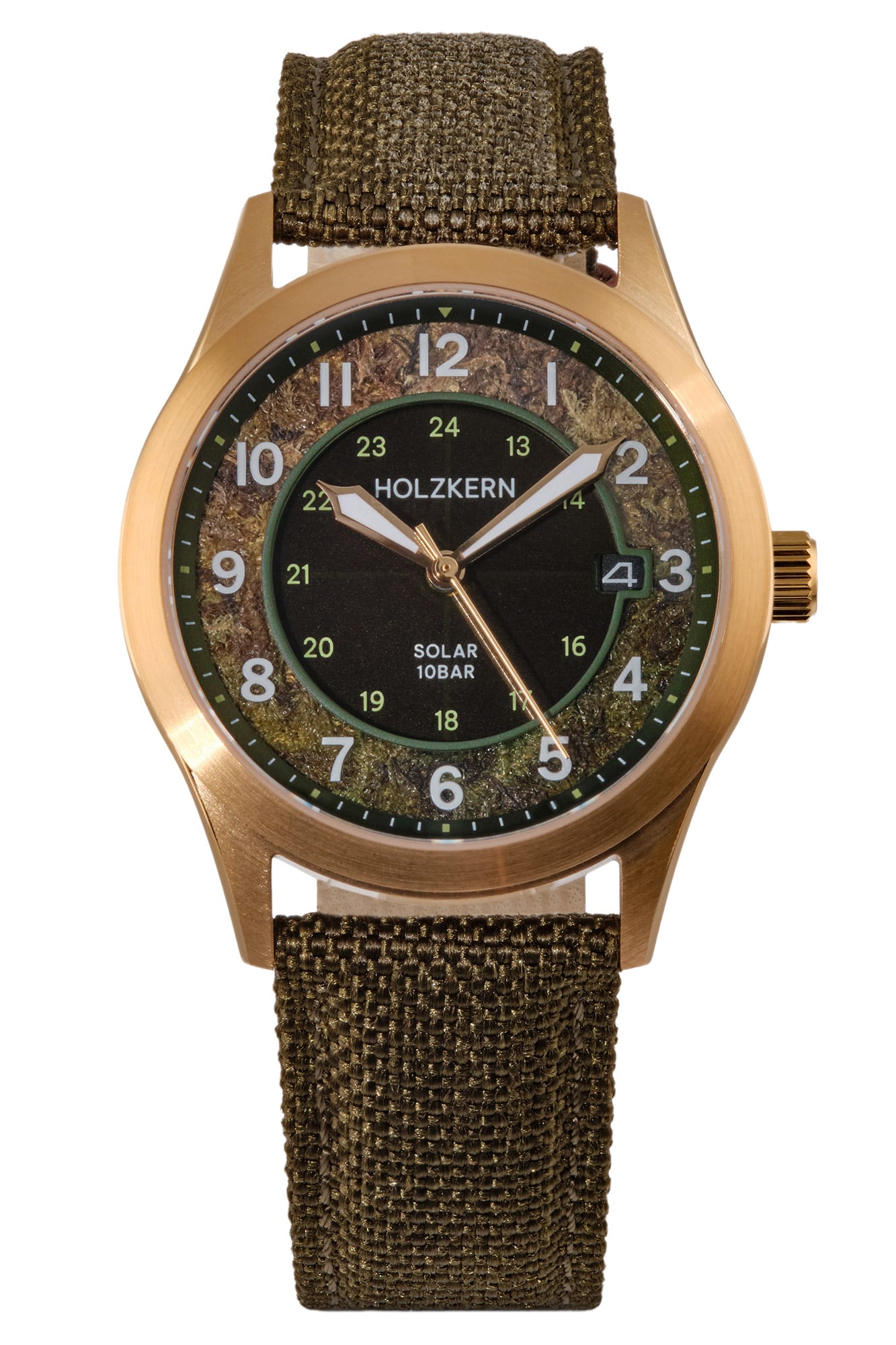Holzkern Wildlight Unisex Armbanduhr Moosgrün/Goldfarben • Solarwerk • Saphirglas