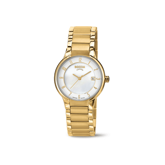 Damenarmbanduhr mit goldfarbenem Gliederarmband, rundem weißem Zifferblatt und goldenen Zeigern