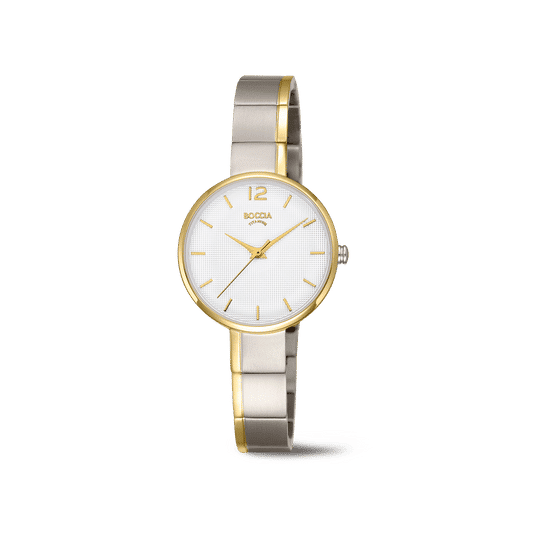 Boccia Damenarmbanduhr aus Reintitan, zweifarbig silber/gold, rundes Zifferblatt