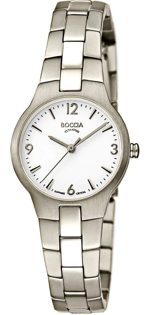Reloj Boccia para mujer con brazalete de metal plateado, esfera redonda blanca y números 12, 3, 6, 9